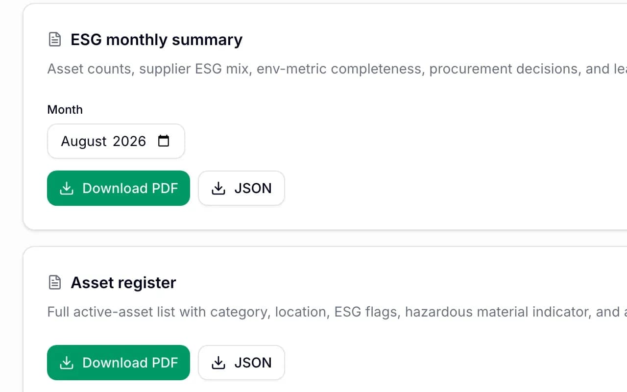 The reports surface, generating evidence packs with content hashes and cryptographically signed PDFs alongside JSON exports.