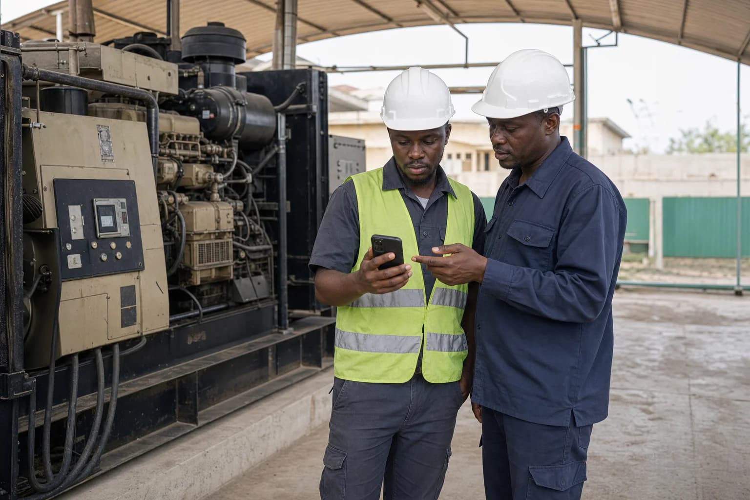A technician and a supervisor in hard hats reviewing work together on a phone beside a diesel generator.