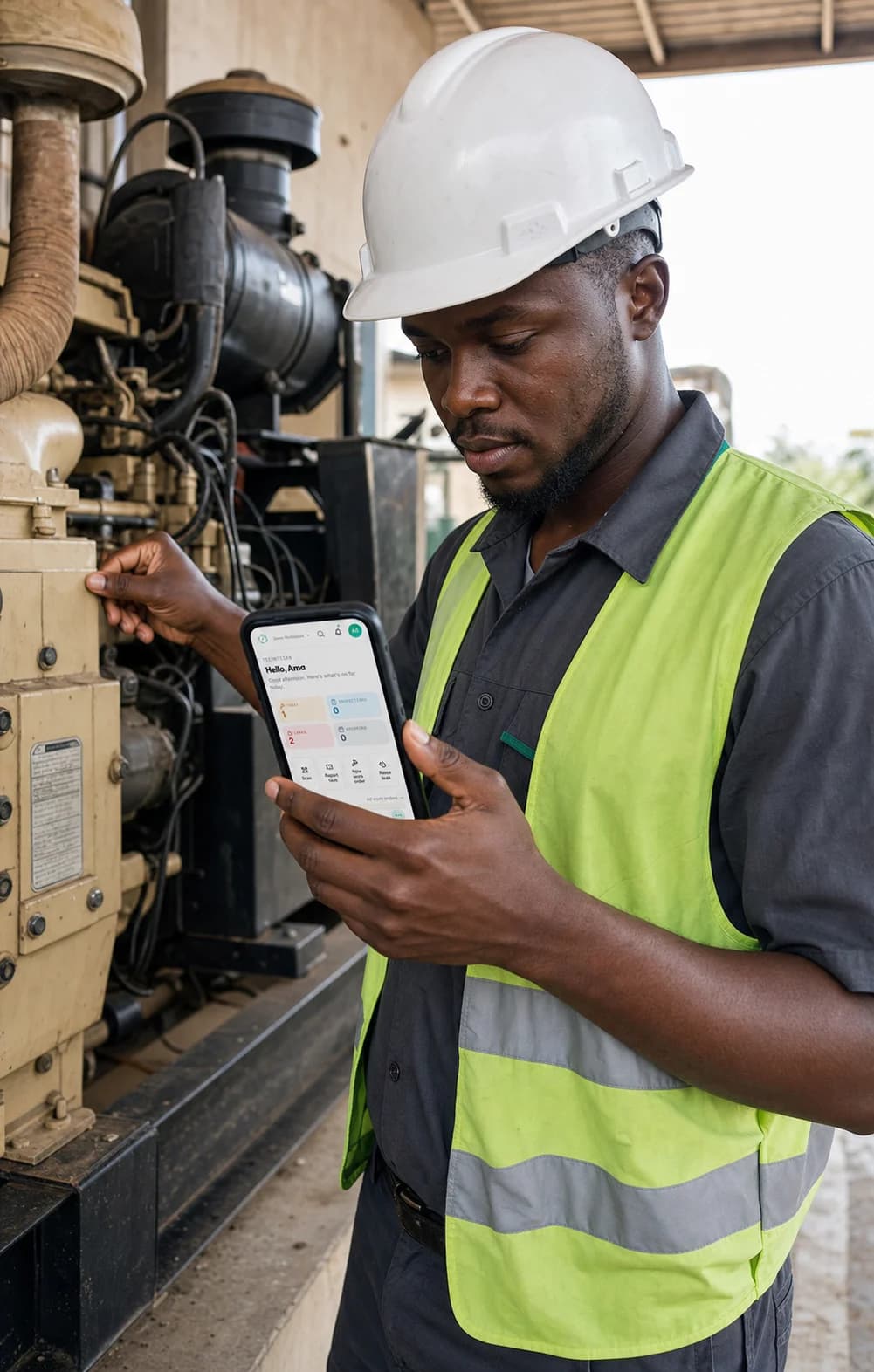 A technician in a hard hat and hi-vis vest at a diesel generator, logging the work in the ZEA AssetOps app on his phone.