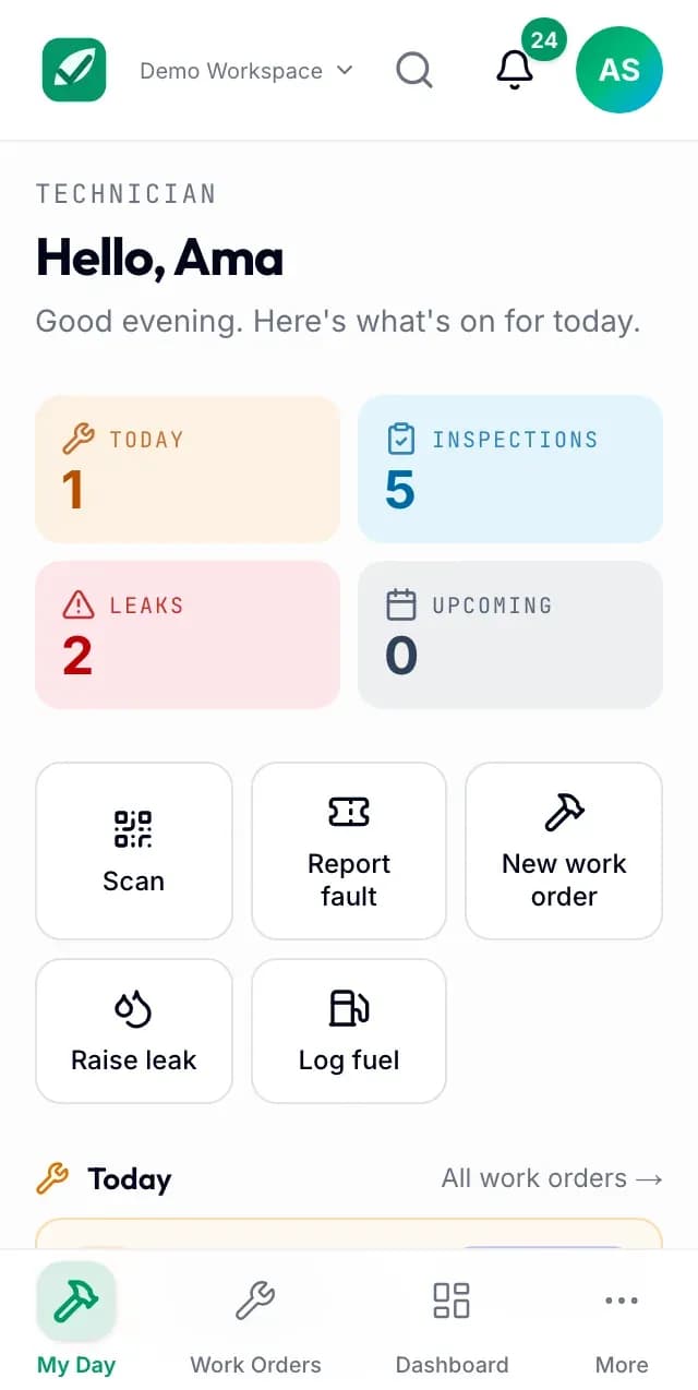 The ZEA AssetOps technician view: today's work orders, leak counts and one-tap scan, report fault, new work order and raise leak actions.